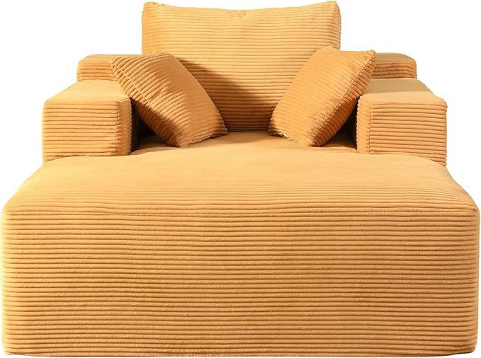 Monroe Convertible Chaise Lounge Chair Indoor – Oversized Corduroy Couch with Wide Armrest & Throw Pillows, Cozy Boneless Sleeper Sofa Bed Armchair, Ginger Yellow