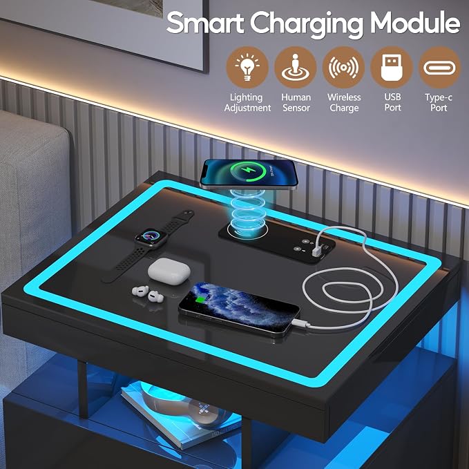 LED Nightstand Set 2 with Wireless Charging Station,Black Night Stand with 2 Drawers,Glass Top Smart Bedside Table,Modern End Table Side for Bedroom,Living Room,Office - Image 3