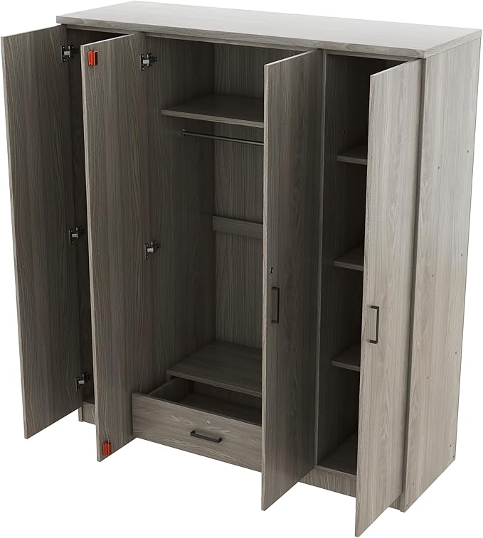 Merax 4 Doors Closet Wardrobe with Hanging Rail, Wood Closet Organizers and Storage with One Drawer and Two 4-Tier Storage Shelves, Top Cabinet for Bedroom, Laundry Room, Gray