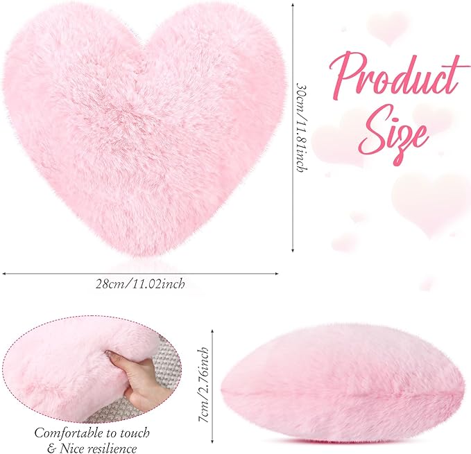 Marsui 2 Pcs Heart Throw Pillows, Soft Fluffy Faux Fur Decorative Hearts Shaped Pillows for Living Room Sofa Bed, Cute Heart Themed Gift for Women(Shrimp Pink, White,11.81 x 11.02 Inch)