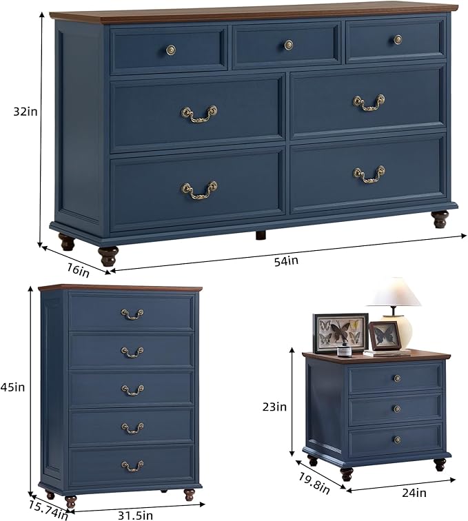 Joaxswe 24" Wide Farmhouse Nightstand Set of 2, 54" 7 Drawers Dresser, 45" Tall Rustic Chests of 5 Drawers w/ 4 Solid Wood Feet, Farmhouse Furniture Series for Living Room,Bedroom,DarkBlue