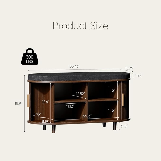 DHH 2-Tier Storage Bench,Wide Shoe Bench with Thickened Padded Seat Cushion, Mid Century Modern Fluted Sliding Door and Adjustable Shelf, for Entryway, Living Room, Bedroom (Walnut, 35.4“) - Image 2