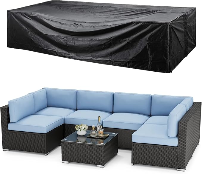 SUNCROWN 7-Piece Outdoor Patio Furniture Sofa Set All-Weather Wicker Sectional Conversation Set with Modern Glass Coffee Table, Cushions and A Waterproof Cover -Light Blue