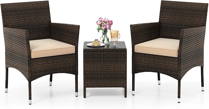 KOTEK 3 Piece Patio Furniture Set, Outdoor Wicker Patio Chairs with Soft Cushions & Tempered Glass Top Table, PE Rattan Bistro Set for Porch, Garden, Balcony (Beige)