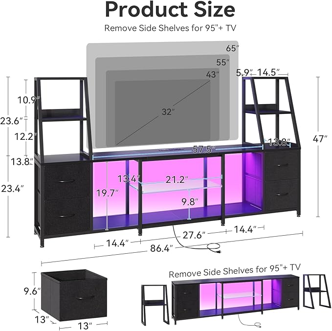 Casaottima LED TV Stand for 50–65 Inch TVs with Power Outlets & RGB Ligths, Gaming Entertainment Center with 4 Drawers & Storage, Media Console Supports Up to 75/85/95 Inch Wall-Mounted TVs, Black - Image 3