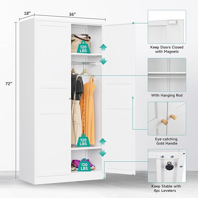 Metal Wardrobe Cabinet,Armoire Wardrobe Closet with doors,White Metal Clothing Storage Cabinet with Adjustable Shelves and Hanging Rod,72" Tall Cloth Storage Cabinets for Home,Bedroom Armoires,Laundry