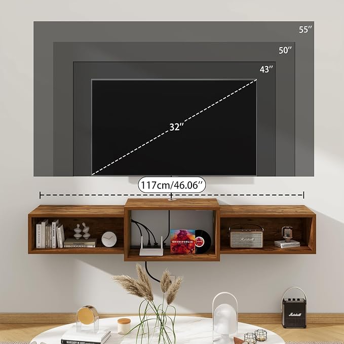 IBUYKE Floating TV Stand Wall Mounted with Power Outlet,Wood Wall Mounted Media Console Shelf,Floating Entertainment Center for Under TV Storage for Living Room Bedroom Office,Rustic Brown WST001H - Image 4