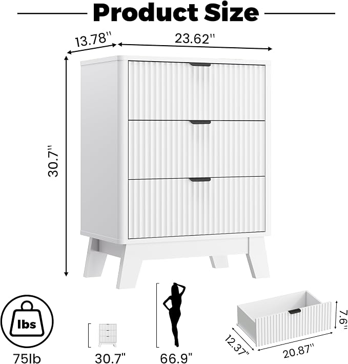 Wodeer Night Stands for Bedrooms Set of 2, Mid Century Modern Wood Bedroom Nightstand with 3 Drawers, Bedside Tables & End Tables with Metal Handles, Farmhouse Night Stands for Bedroom, White - Image 2