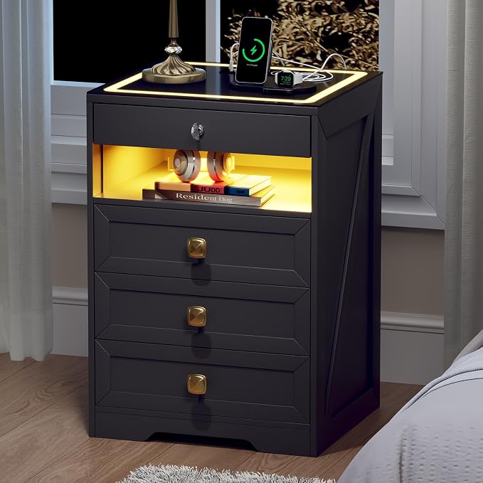 WOOVIVS LED Night Stand with Gun Drawer for Bedroom, Modern Nightstand with Wireless Charging Station for Livingroom(Black) - Image 9