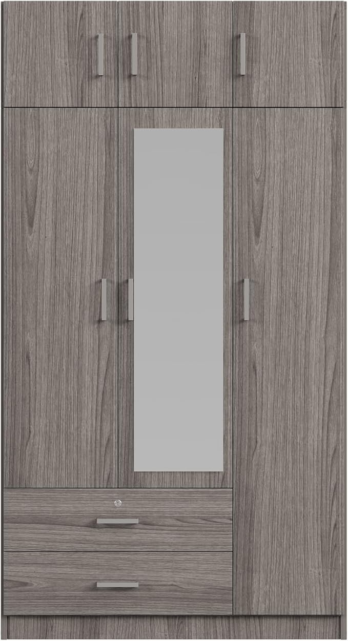 Merax 3 Doors Wardrobe with Mirror Door and Top Cabinet, Wooden Closet Wardrobe Organizers with Hanging Rail, 2 Drawers and 4-Tier Storage Shelves for Bedroom, Laundry Room, Gray