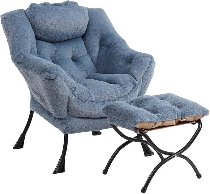 Furlide Lazy Chair with Ottoman, Modern Accent Chair with Armrests and a Side Pocket, Plush Light Blue Accent Chairs, Reading Chairs, Oversized Armchairs for Bedroom, Study, Living Room, Courtyard