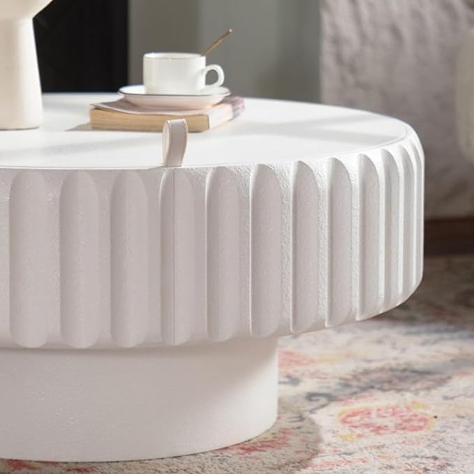 Round Coffee Table with Storage, Modern Wooden Coffee Tables Circle Center Pedestal Accent Tea Low for Living Room Apartment Small Space (31.5''L × 31.5''W × 14''H, Cream White)