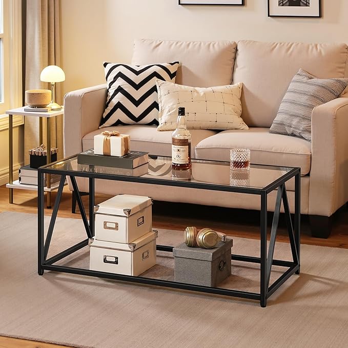 HOOBRO Glass Coffee Table, Black Coffee Tables for Living Room, Black Glass Coffee Table,1 Layer Center Table, Modern, for Apartment, Office, 39.4 x 19.7 x 17.7 Inches, Easy Assembly, Black BK04KF01