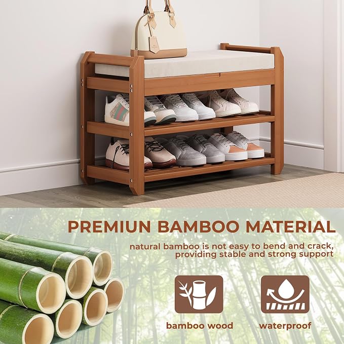 27.6" Bamboo Shoe Bench with Cushion, 5 Hooks Coat Rack, 2-Tier Storage Bench for Entryway, Heavy Duty Shoe Rack Organizer with Removable Soft Cushion for Living Room Bedroom Hallway - Image 5