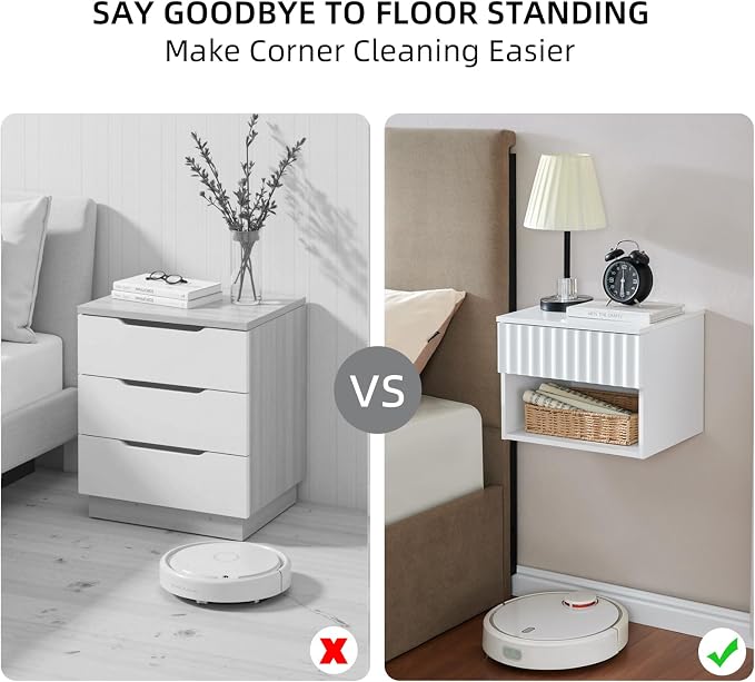 BuildHom Floating Nightstand with Fluted Drawer - Modern Wall Mounted Bedside Table with Open Storage Shelf, Small Night Stand TV Stand for Bedroom(Matte White, Set of 2) - Image 3