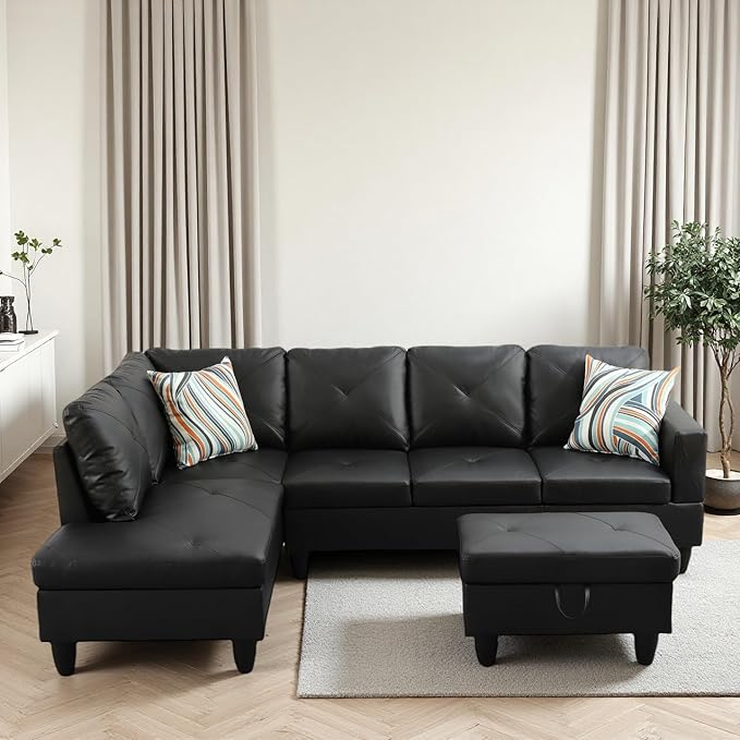 L-Shaped Sectional Sofa with Movable Chaise & Storage Ottoman, Leather 3-Piece Modular Convertible Couches for Living Room, Black