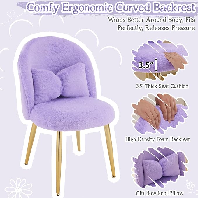 VINGLI Fluffy Girls Vanity Chair with Back & Pillow,Cute Small Cozy Desk Chair No Wheels,Comfy Makeup Ch with Ajustable Gold Legs,for Bedroom,Living Room,Small Space,Purple