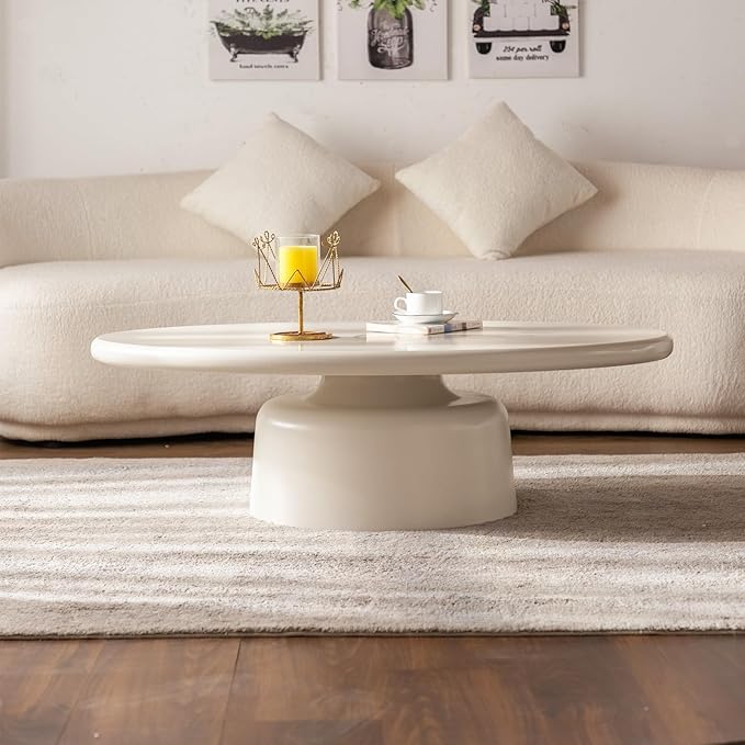 Cream White Oval Coffee Tables for Living Room Modern Irregular Coffee Table Center Tables Space Saving Sofa Low Table Unique Stable Pedestal Tea Table for Bedroom Easy Assembly (Oval 45.66")