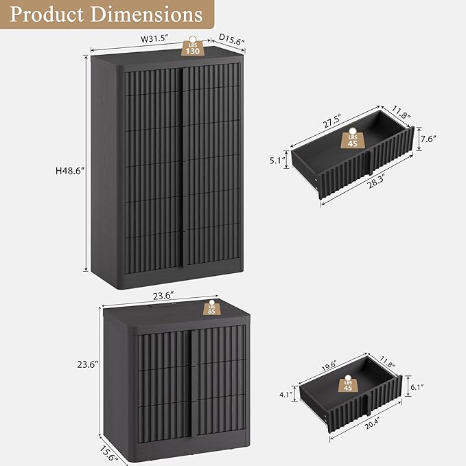 Fluted Dresser and Nightstand 3-Piece Bedroom Set, 49" Tall 6-Drawer Dresser and 2 of 3-Drawer Nightstands with Charging Station, Curved Profile Design, Modern Bedroom Dressers Sets, Black