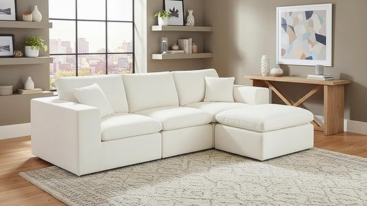 108'' Boneless Sectional Couch Cloud Sofa with Ottoman, Modular Memory Foam Couches for Living Room, Large L Shaped Modern Beige 3 Seater Floor Sofa Set, No Assembly, Comfy Deep Seats | Adjustable Backrest, Deep Seat, High-Resilience Foam, Breathable M...