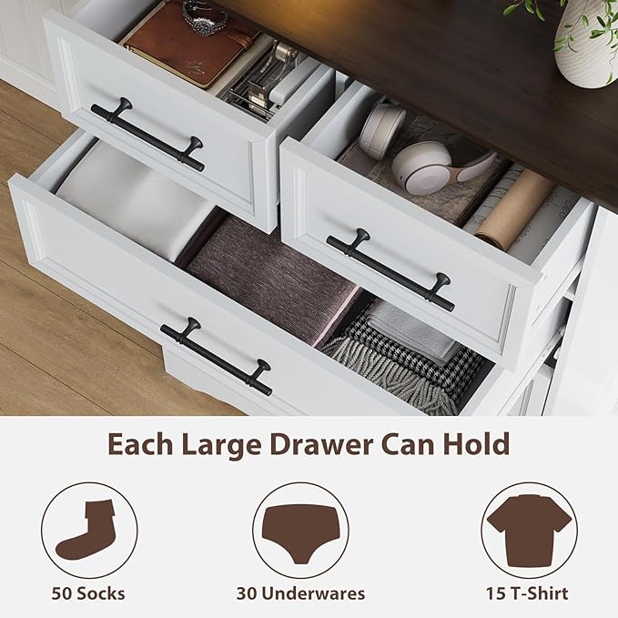 Bedroom Set, 3 Pieces Bedroom Furniture Set, Wood 6 Drawer Dresser and 3 Drawers Nightstands with Charging Station, Farmhouse Storage Organizer Cabinet for Bedroom, White