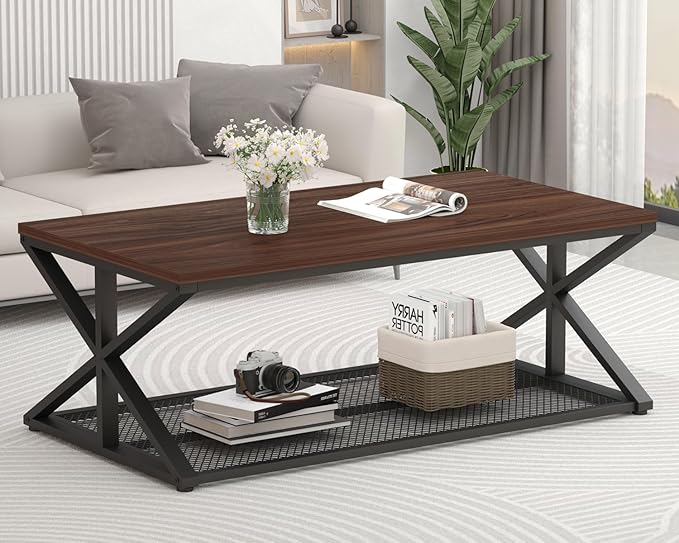 IBF Walnut Coffee Table with Storage, Industrial Wood Metal Rectangle Living Room Table, Vintage 2 Tier Middle Center Table with Mesh Shelf, Walnut, 47 inch