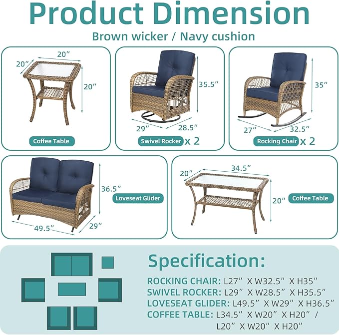 MEETWARM 7 Pieces Outdoor Patio Rattan Furniture Sets, All Weather Patio Wicker Conversation Set- 2 Rocking Chairs, 2 Swivel Chairs, 1 Loveseat Glider w/Cushions, 2 Glass-Top Coffee Table, Navy Blue