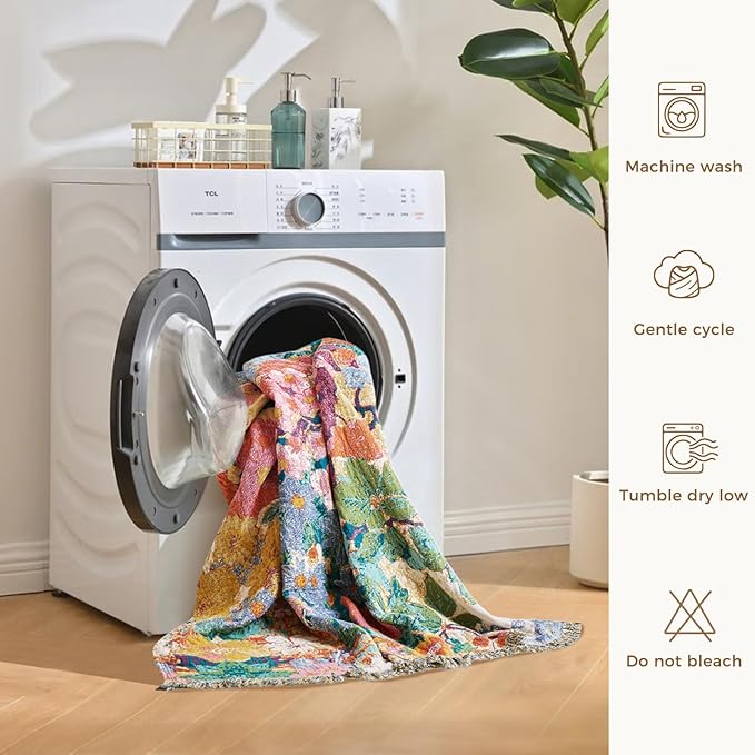 LUTBM Boho Throw Blanket for Couch Sofa Chair Cotton Spring Blankets for Bedroom Living Room All Season Soft Lightweight Reversible Floral Embroidery Breathable Decorative Throws 50"x60"