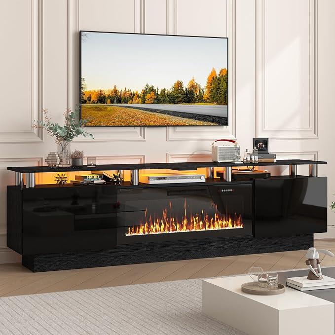 PUKAMI 80" Fireplace TV Stand with 36" Electric Fireplace, LED Light Entertainment Center with Storage, 2 Tier Modern Wood Media TV Console with Highlight Cabinet for Living Room, Black by PUKAMI