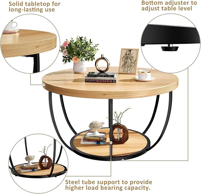 ROOMTEC 31.5" Round Coffee Table, 2-Tier Coffee Tables for Living Room, Small Wood Coffee Table with Storage, Modern Accent Center Table for Living Room & Kitchen