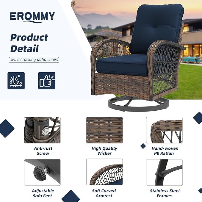 EROMMY 3 Pieces Patio Furniture Set, Outdoor Swivel Rocker Patio Chairs, Wicker Patio Bistro Set with Rocking Chair, Thickened Cushions and Glass Coffee Table for Backyard, Garden, Navy Blue
