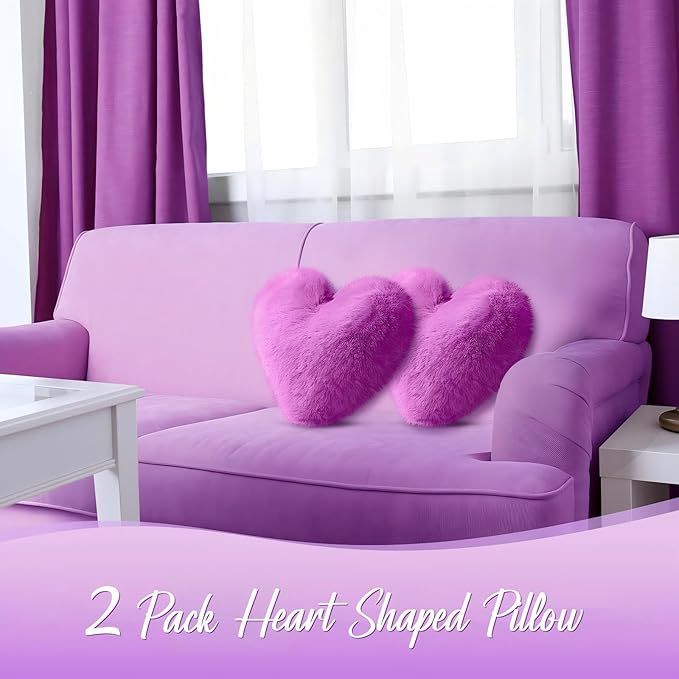 Marsui 2 Pcs Heart Throw Pillows, Soft Fluffy Faux Fur Decorative Hearts Shaped Pillows for Living Room Sofa Bed, Cute Heart Themed Gift for Women(Dark Royal Purple,11.81 x 11.02 Inch)
