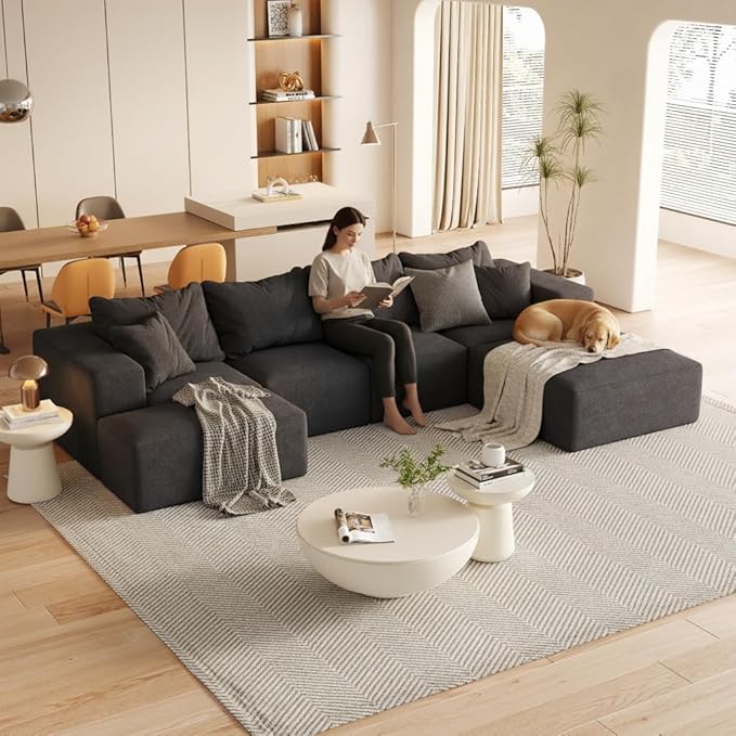 KEIKI 132" Boneless Sofa with Ottoman, L Shaped Corner Couch, Upholstered Corduroy Free Combination Sectional Couch for Living Room, Bedroom, Black