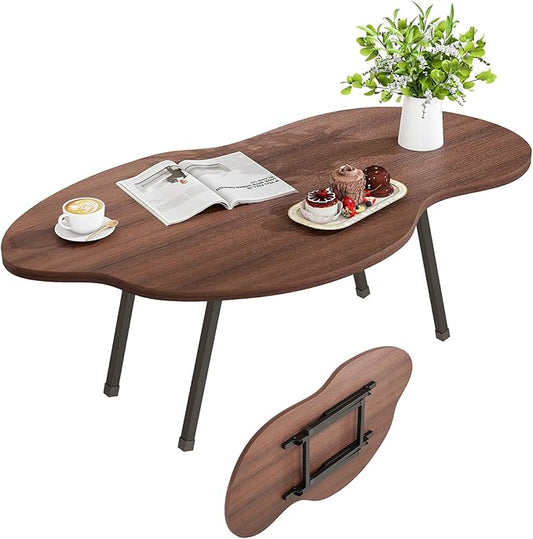 Foldable Coffee Table,Mid Century Modern Coffee Table Living Room Tables,Cloud Shape Irregular Center Table,Portable Folding Table for Small Spaces,Living Room,Bedroom,Entryway,Easy Assembly,Walnut