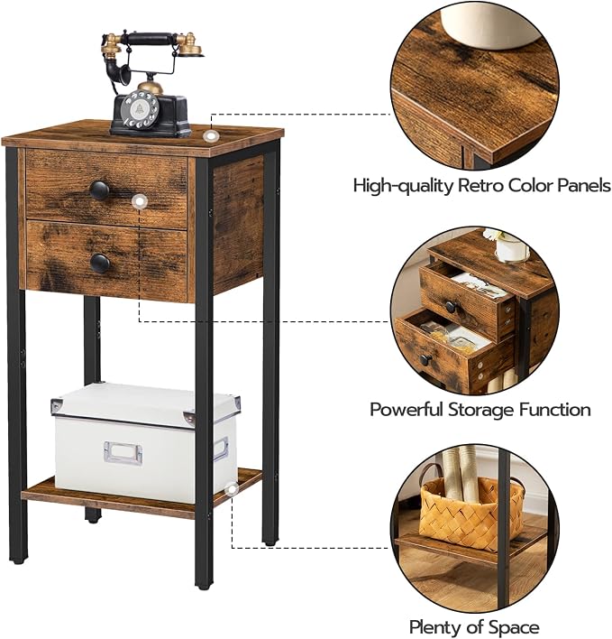 HOOBRO Tall Nightstand, End Table with 2 Drawers and Storage Shelf, Industrial Telephone Side Table for Study, Bedroom, Space Saving, Easy Assembly, Rustic Brown and Black BF72BZ01 - Image 6