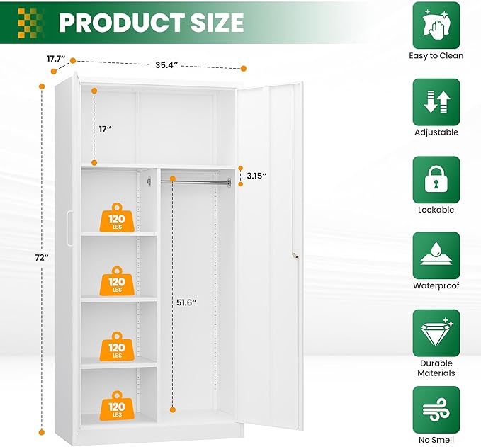Metal Armoire Wardrobe Closet,72" Metal Storage Cabinet with Lock, 18" D x 36" W Broom Closet with Adjustable Shelves and Hanging Rods, Steel Wardrobe for Home,Bedroom,Office,Employee