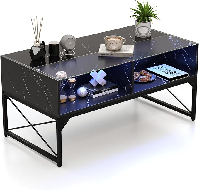 Tangkula LED Coffee Table, High Glossy Center Table with 4 Storage Cubes, Faux Marble & Tempered Glass Top, Adjustable Light Colors, Remote Control, Modern Cocktail Table for Living Room (Black)