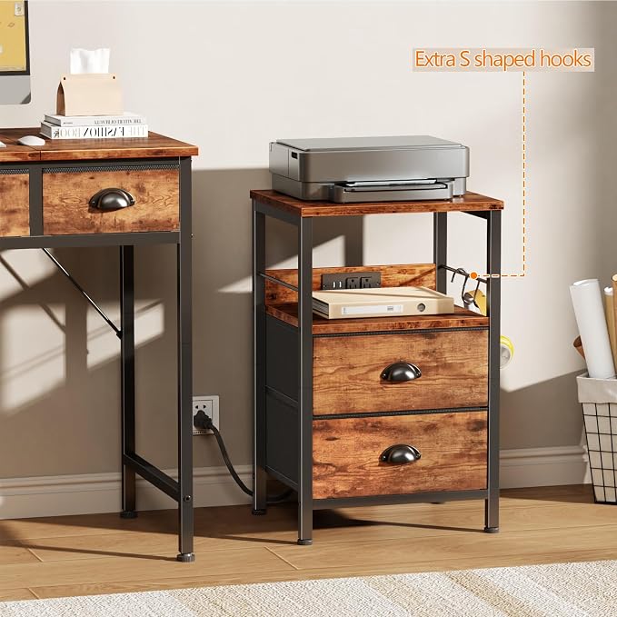 Furologee Nightstand Set of 2, Rustic Brown, with Charging Station and USB Ports, Side Tables with 2 Fabric Drawers, Bedside Tables with Storage Shelf & Hooks, for Living Room/Bedroom - Image 7