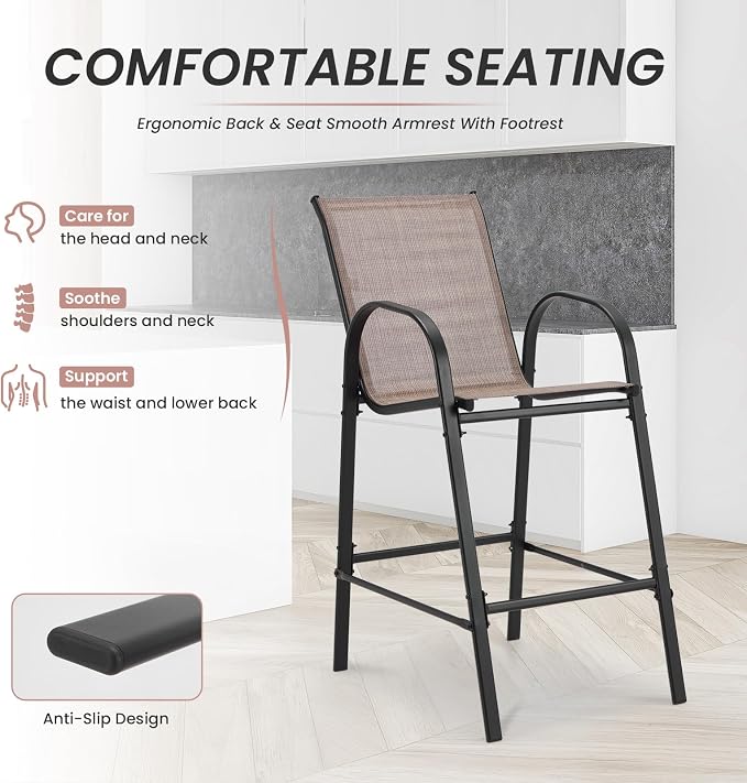 HOMREST Outdoor Bar Height Stools Set of 8,High Back Patio Chairs with Armrests,Textilene Chairs with Breathable Fabric & Metal Frame for All Weather,Taupe - Image 4
