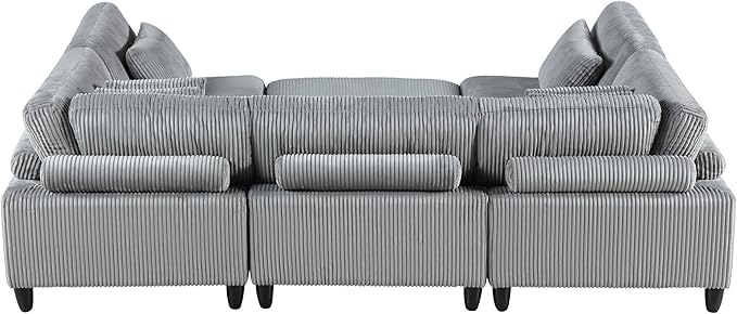 Lexicon 120 Inch Modular Sectional Sofa - Oversized 6 Seater Corduroy L Shaped Sectional Couch with Ottoman, 7 Accent Pillows, and Flexible Arrangement for Modern Living Rooms, Gray
