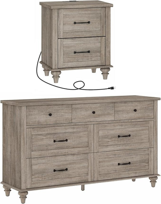 WAMPAT 2 Piece Bedroom Set - Includes 7 Drawer Dresser for Bedroom, Farmhouse Nightstand with Charging Station & Drawers, 2 Piece Dresser and Nightstand Sets, Grey