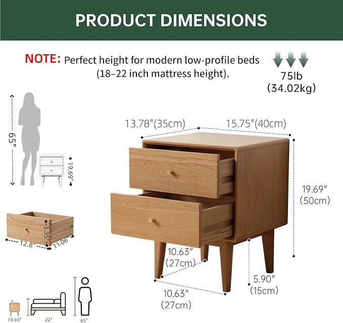 100% Solid Wood Nightstand, Natural Oak Nightstands with 2 Drawers, Mid Century Modern Night Stand, Small Bedside Table for Low Bed, Wooden Night Stands for Bedroom(19.69" H) - Image 2