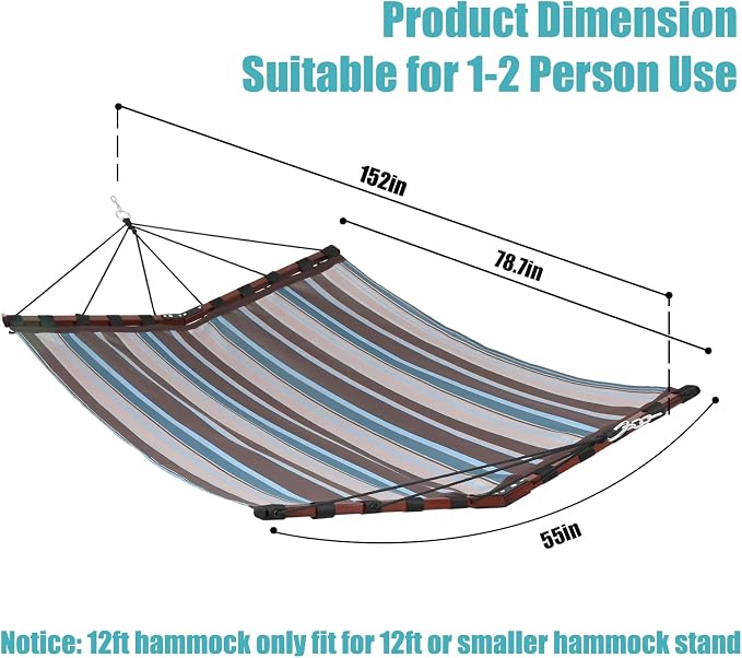 TegerDeger 12FT 2 Person Hammock Large Hammock Quick Dry 450LB Capacity with V Shaped Hardwood Spreader Bar & Nylon Rope for Outside, Patio, Garden, Backyard, Beach, Poolside - Brown Stripes - Image 6