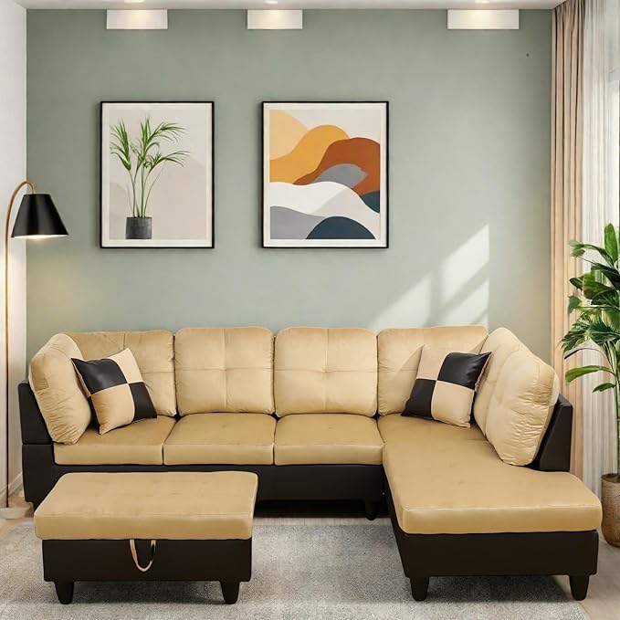 Sectional Couches for Living Room Furniture Sets, 4 Seat L Shaped Couches with Ottoman, Modular Sectional Sofa for Apartment Furniture Sets, Beige and Brown
