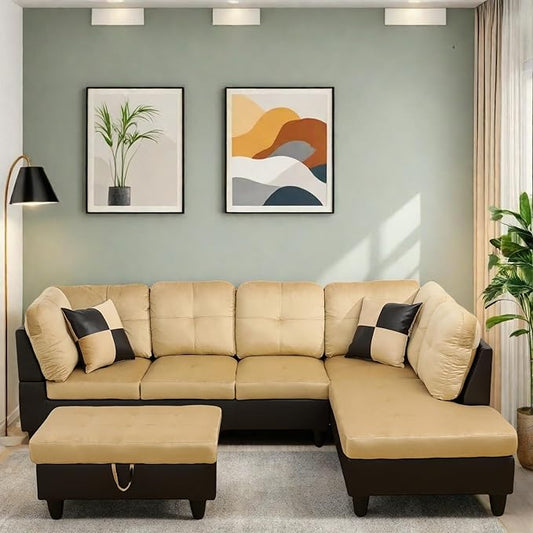 Sectional Couches for Living Room Furniture Sets, 4 Seat L Shaped Couches with Ottoman, Modular Sectional Sofa for Apartment Furniture Sets, Beige and Brown