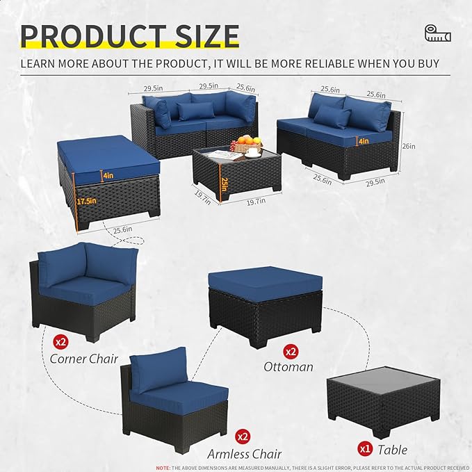7 Pieces Outdoor PE Wicker Furniture Set Patio Rattan Sectional Conversation Sofa Set with Navy Blue Cushions and Glass Top Table