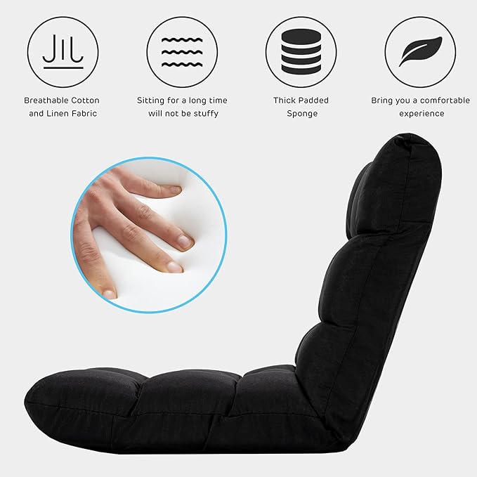 Giantex Adjustable Floor Gaming Sofa Chair 14-Position Cushioned Folding Lazy Recliner High Resilience Sponge, Breathable Cotton & Linen Fabric Sleeper Bed Couch Recliner with Removable Cover (Black)