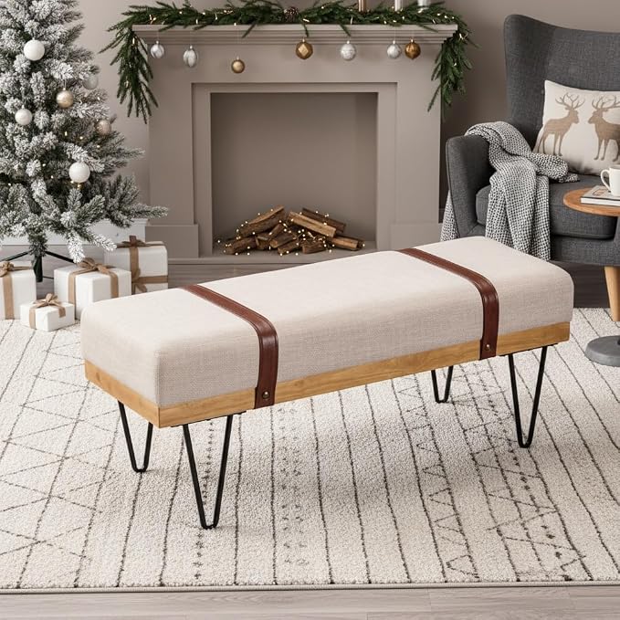 LukeAlon 44" Upholstered Storage Bench, Modern Linen Ottoman with Straps & Metal Hairpin Legs, Industrial Entryway Bench for Bedroom End of Bed, Living Room, Dining Room, Beige - Image 9