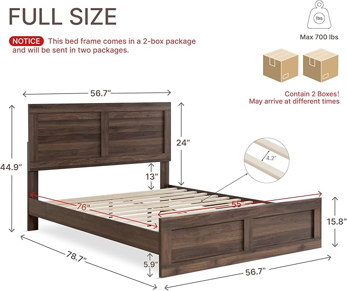 KISLOT Wood Bed Frame, Full Size Wooden Platform Bed Frame with Headboard and Footboard Mattress Foundation Farmhouse Bedroom Furniture No Box Spring Needed