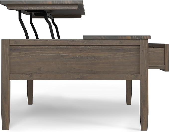 SIMPLIHOME Ela SOLID WOOD 48 Inch Wide Rectangle Transitional Lift Top Coffee Table in Smoky Brown, For the Living Room and Family Room